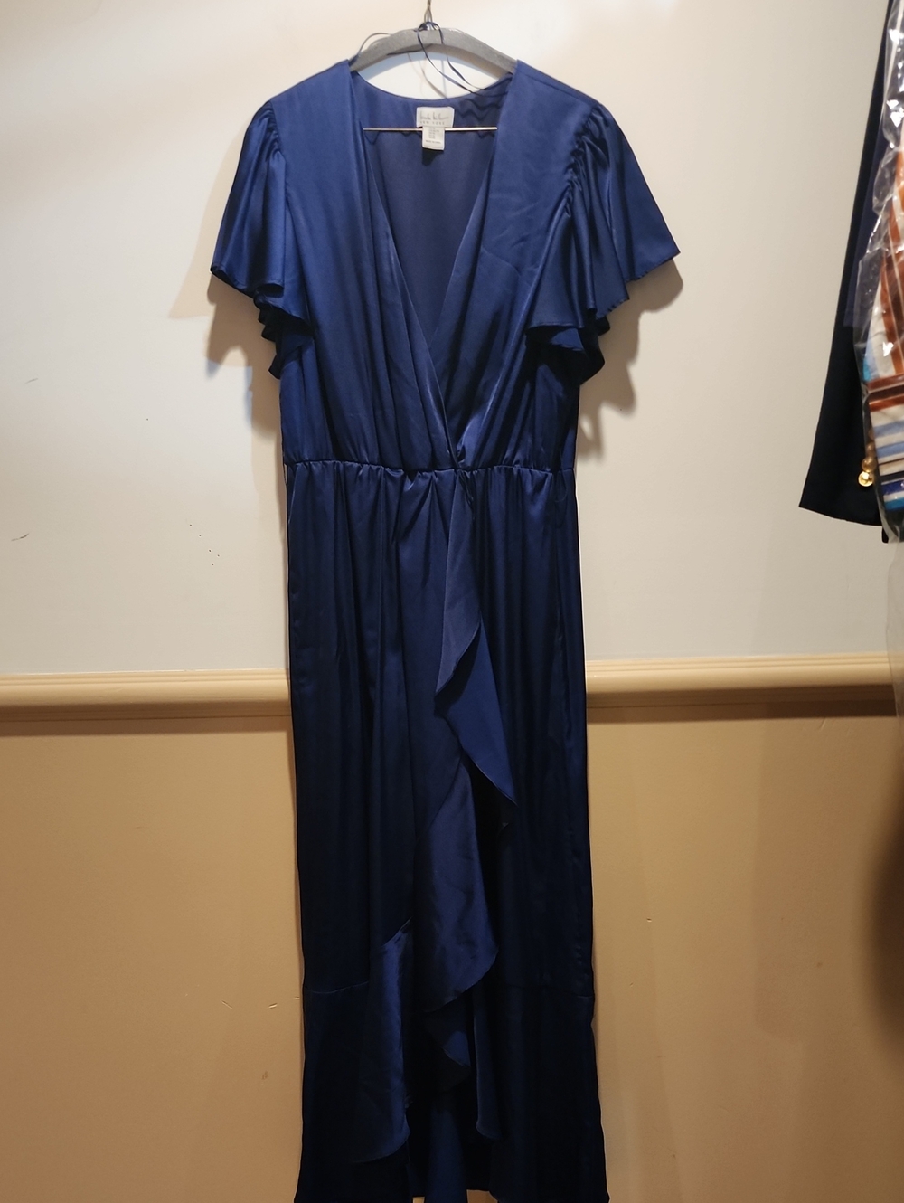 Nicole Miller Navy Wrap-Style Ruffle Maxi Dress